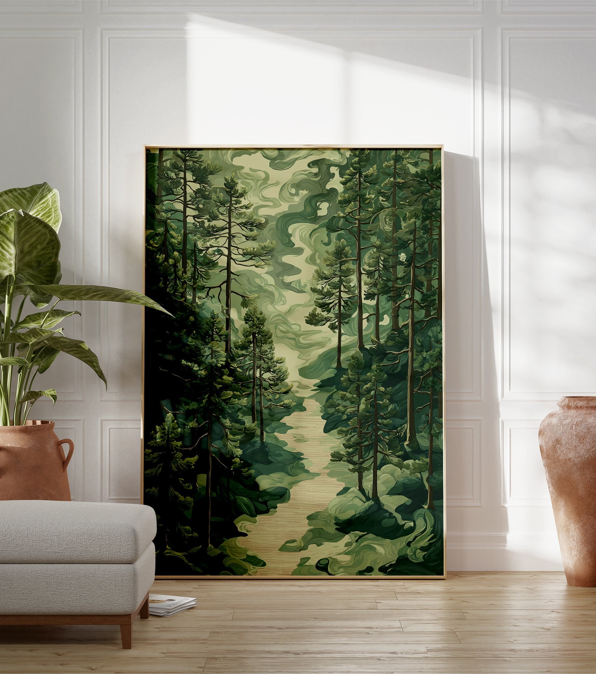 Forest path poster with tall green pine trees and a winding river, stylized nature landscape art. - Image 3