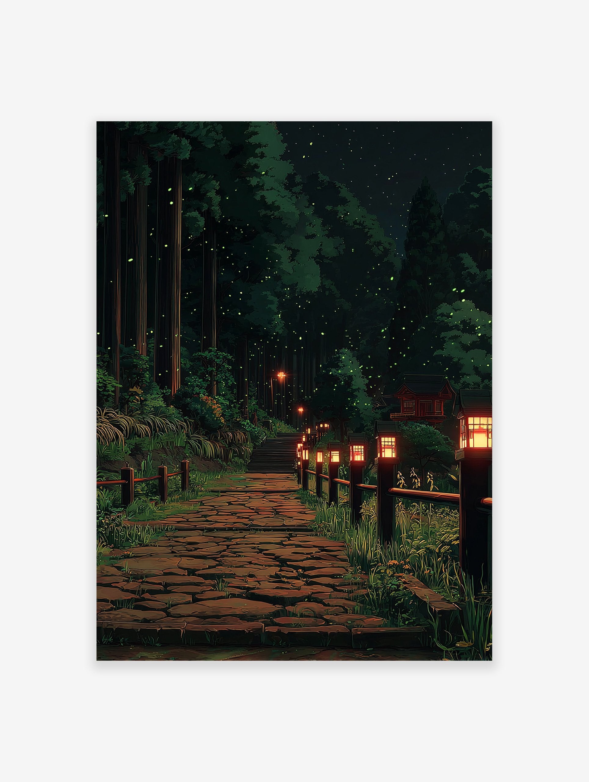 Forest path poster at night with glowing Japanese lanterns, tall trees, and fireflies illuminating a stone pathway.