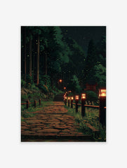 Forest path poster at night with glowing Japanese lanterns, tall trees, and fireflies illuminating a stone pathway.