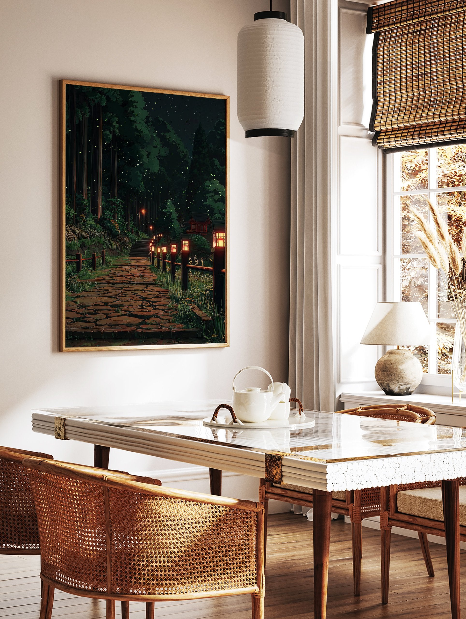 Forest path poster at night with glowing Japanese lanterns, tall trees, and fireflies illuminating a stone pathway. - Image 2