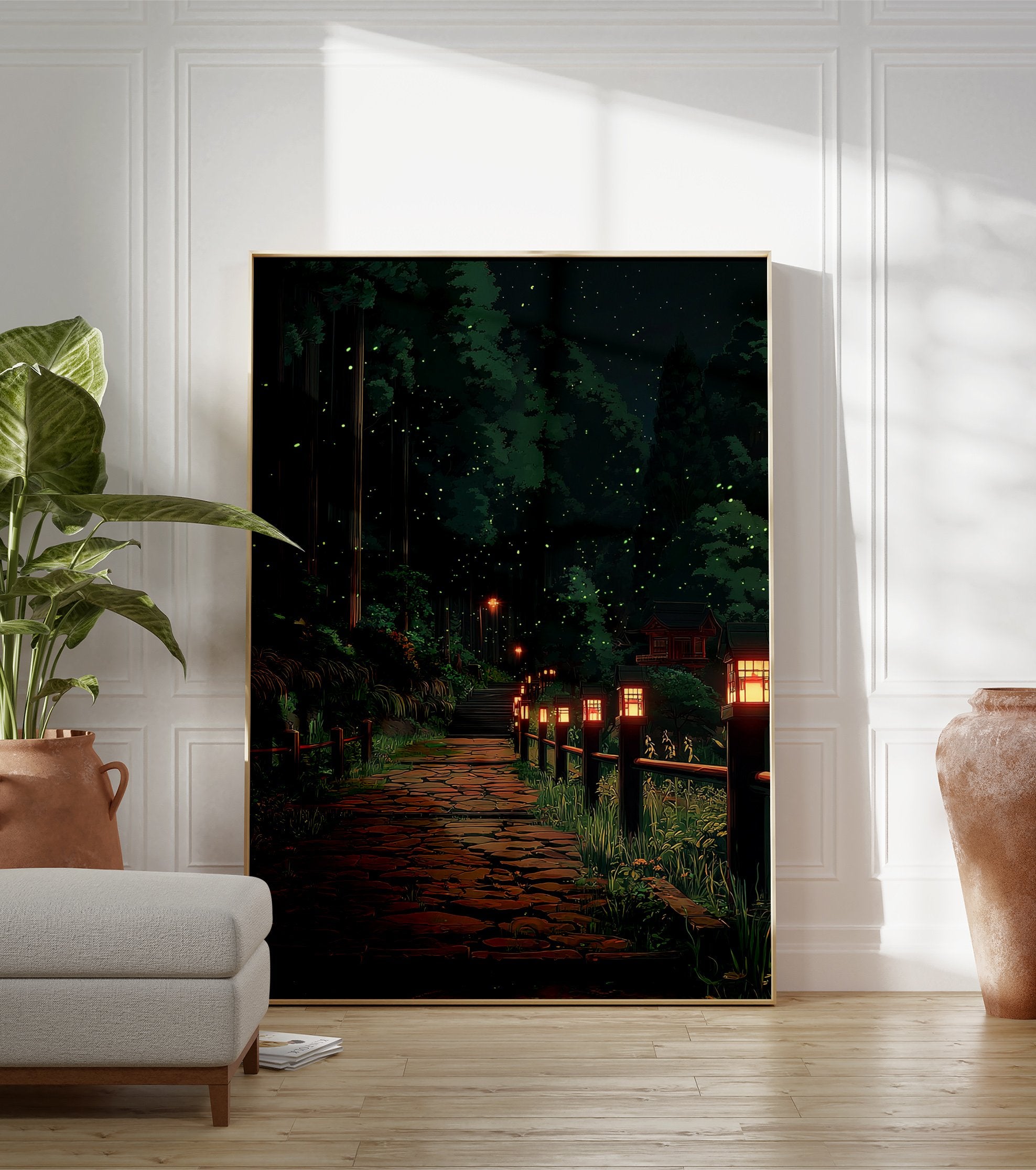 Forest path poster at night with glowing Japanese lanterns, tall trees, and fireflies illuminating a stone pathway. - Image 3