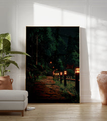 Forest path poster at night with glowing Japanese lanterns, tall trees, and fireflies illuminating a stone pathway. - Image 3