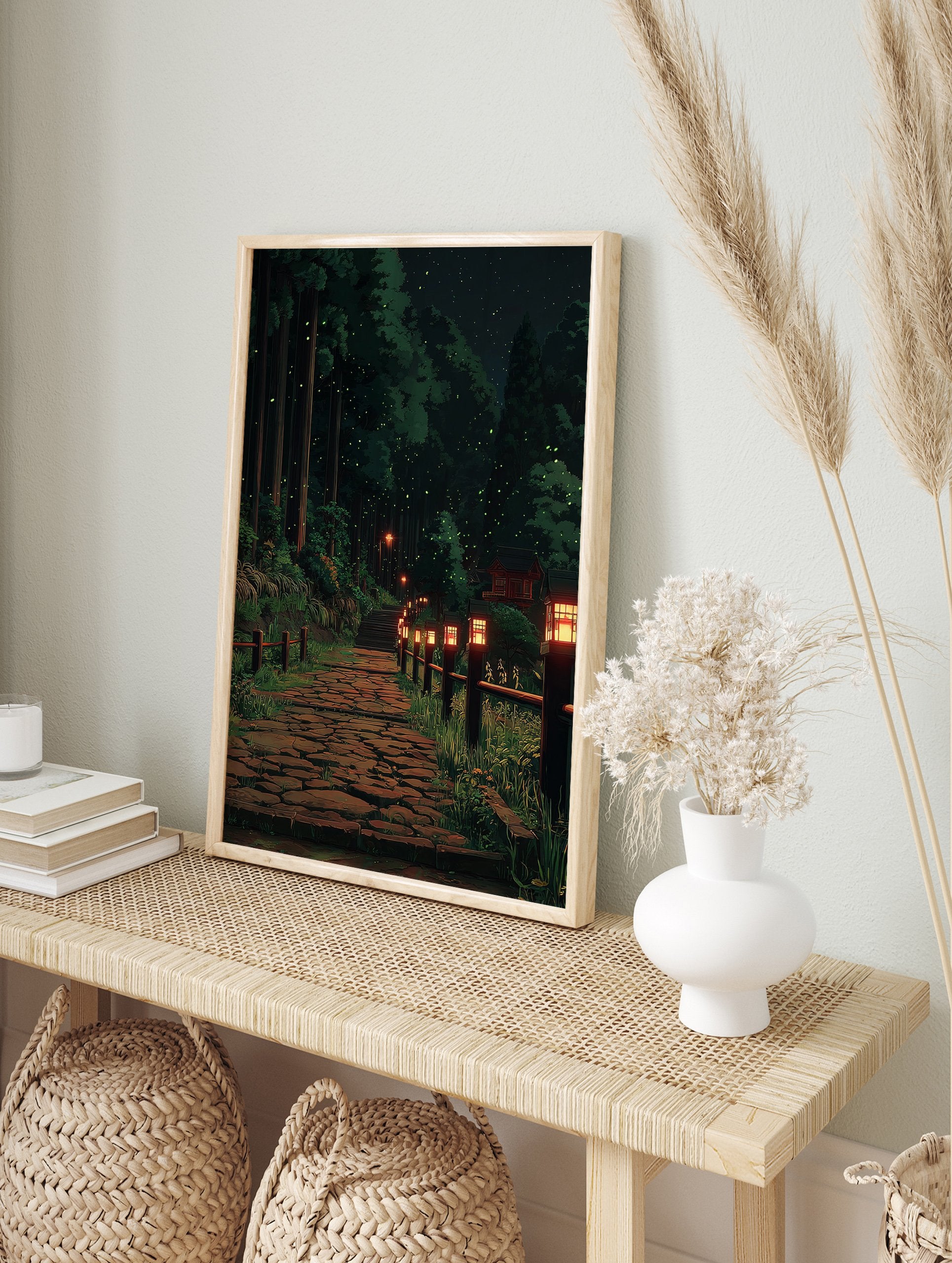 Forest path poster at night with glowing Japanese lanterns, tall trees, and fireflies illuminating a stone pathway. - Image 4