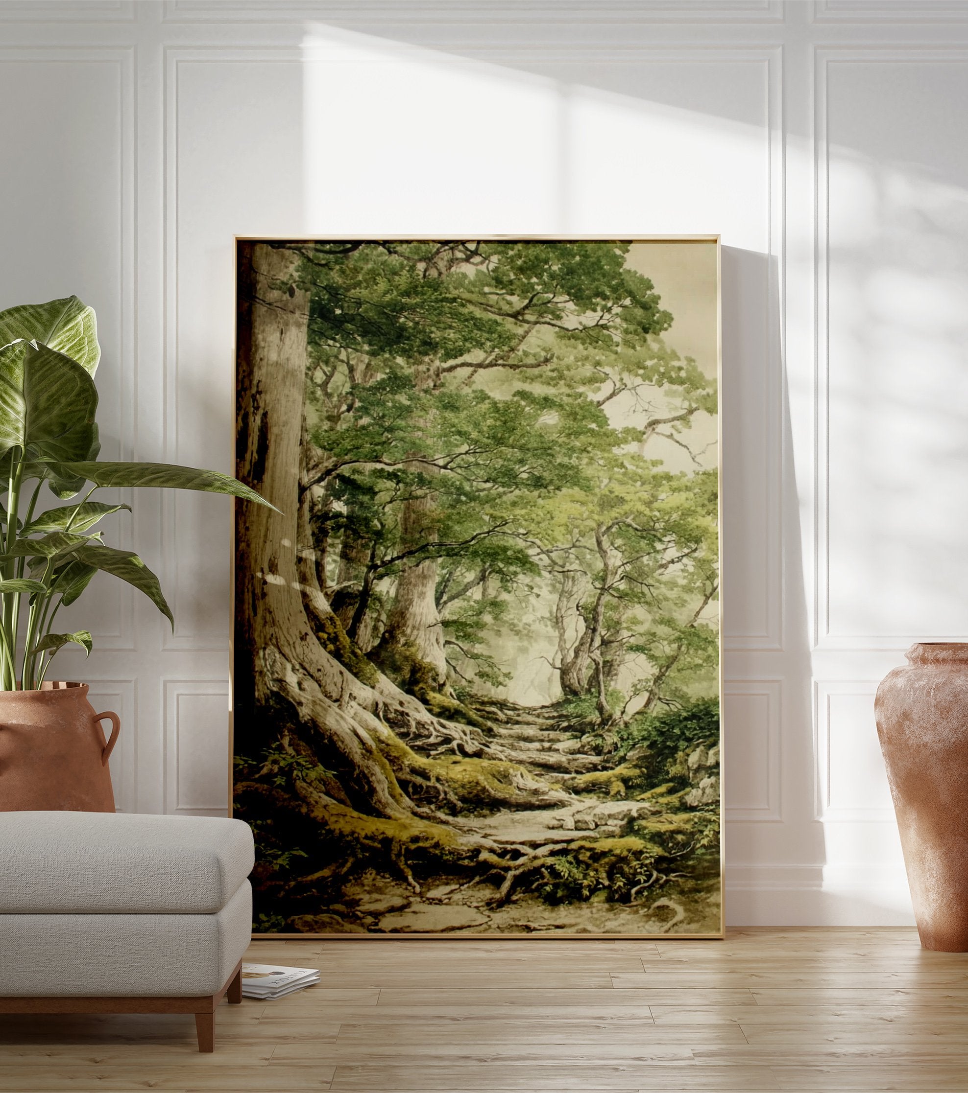 Forest Path Poster depicting a misty woodland scene with large trees, exposed mossy roots, and a winding stone path. - Image 3