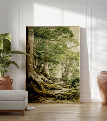 Forest Path Poster depicting a misty woodland scene with large trees, exposed mossy roots, and a winding stone path. - Image 3