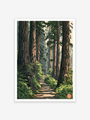Forest path wall art with a distant torii gate, towering trees, and ferns in an illustrative woodland style