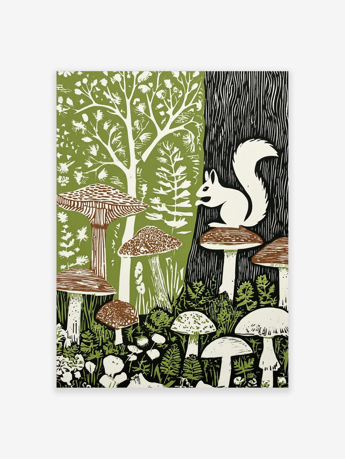 White squirrel on mushroom in a green and black forest woodcut style art print
