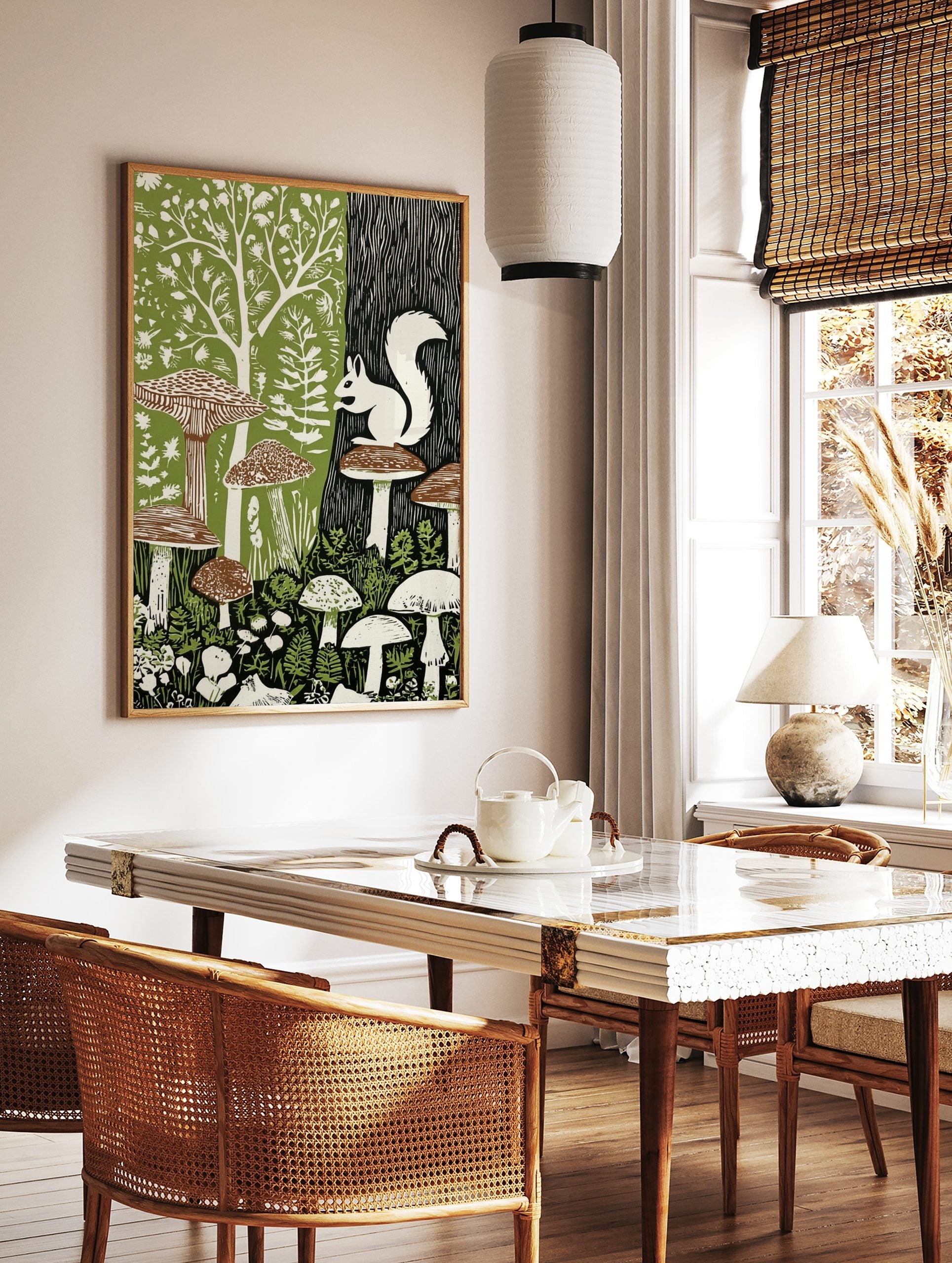 White squirrel on mushroom in a green and black forest woodcut style art print, in a styled room mockup
