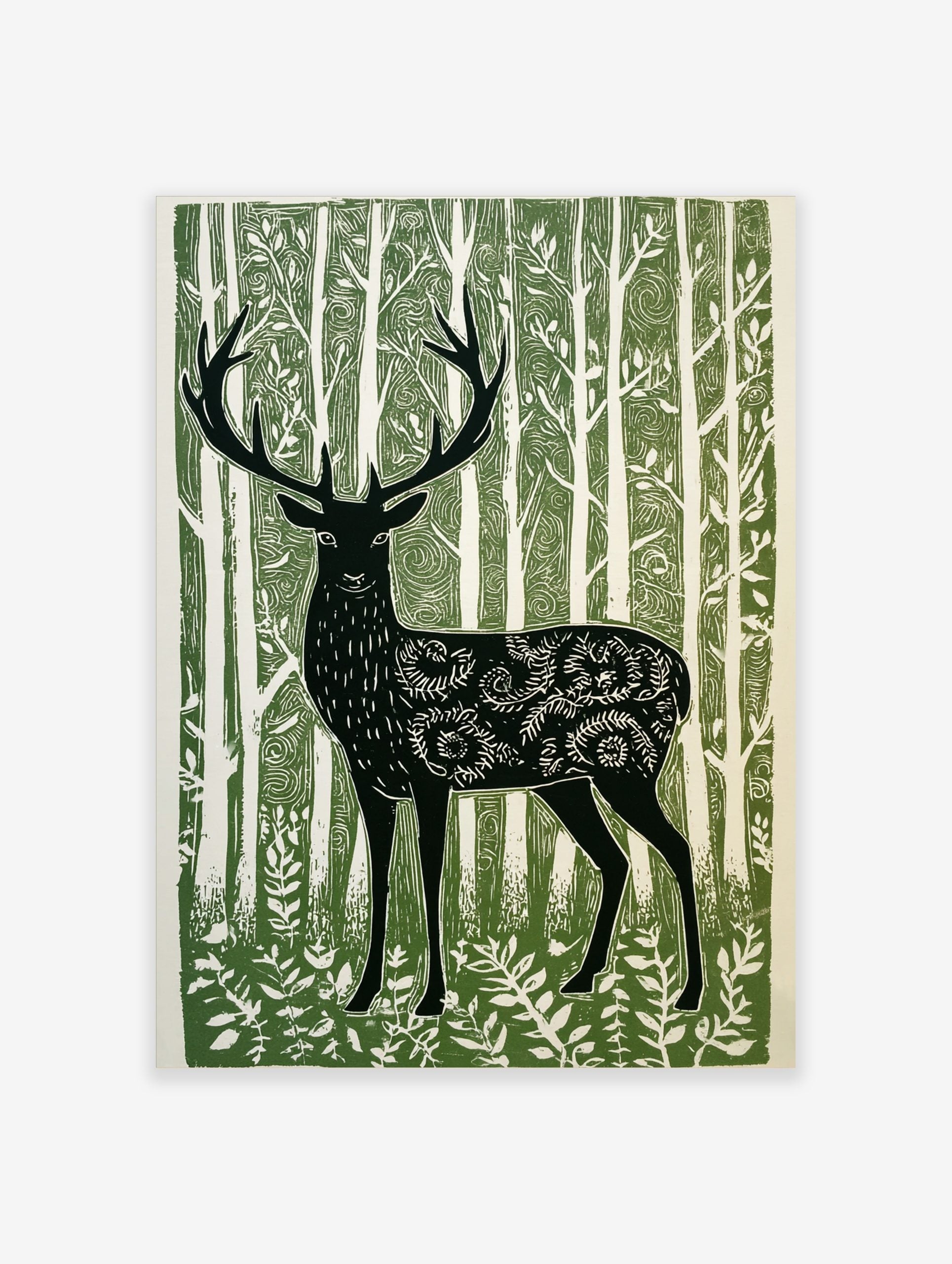 Illustrative green and white print of a forest stag with ornate body patterns amidst tall trees