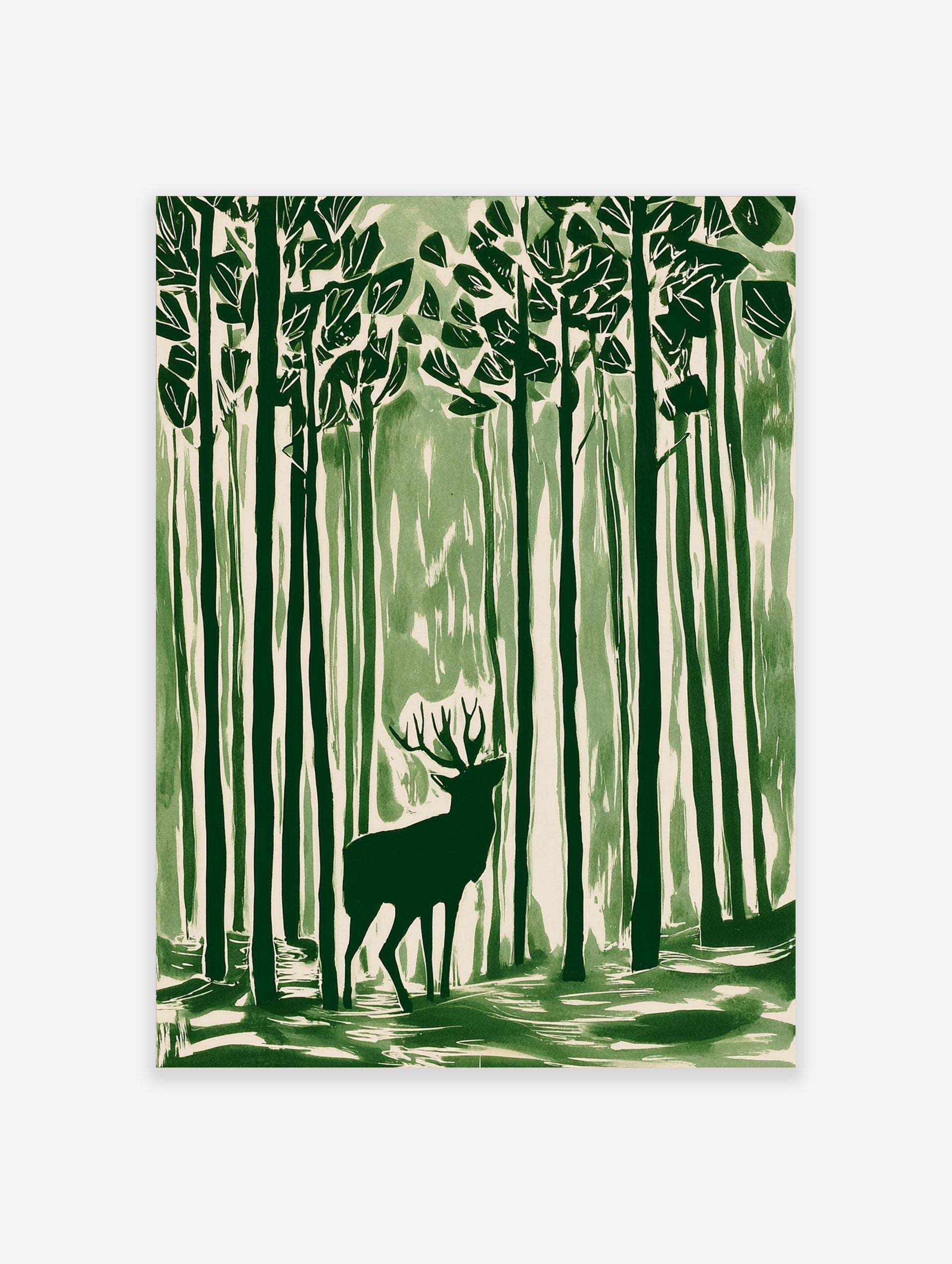 Green illustrative wall art print of a stag with antlers standing in a tall forest, looking upwards