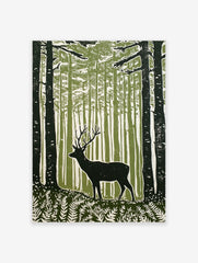 Green woodcut print of a stag with antlers in a dense forest with ferns and tall trees