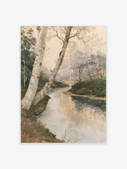 Watercolor style forest landscape painting with a winding stream and birch trees in the foreground