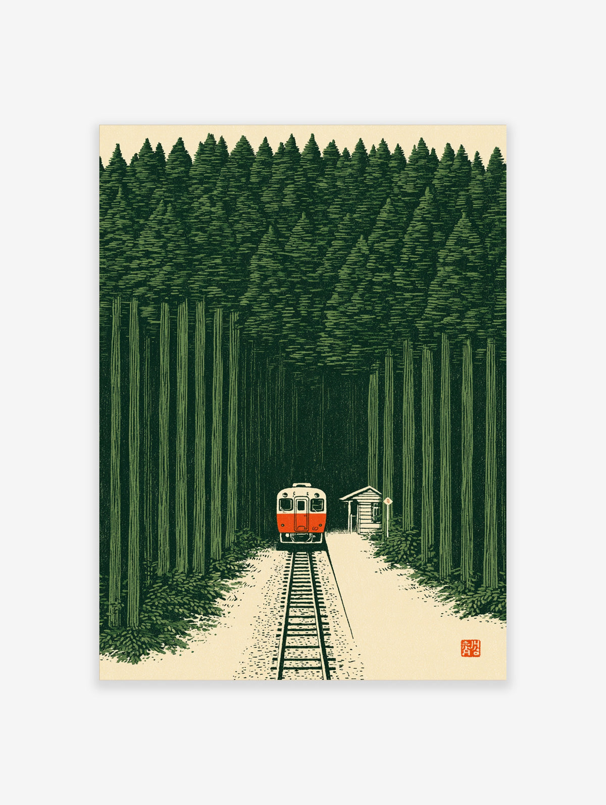 Illustrative art print of a red train travelling through a dense green forest with a small station hut