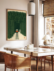 Illustrative art print of a red train travelling through a dense green forest with a small station, in a styled room mockup