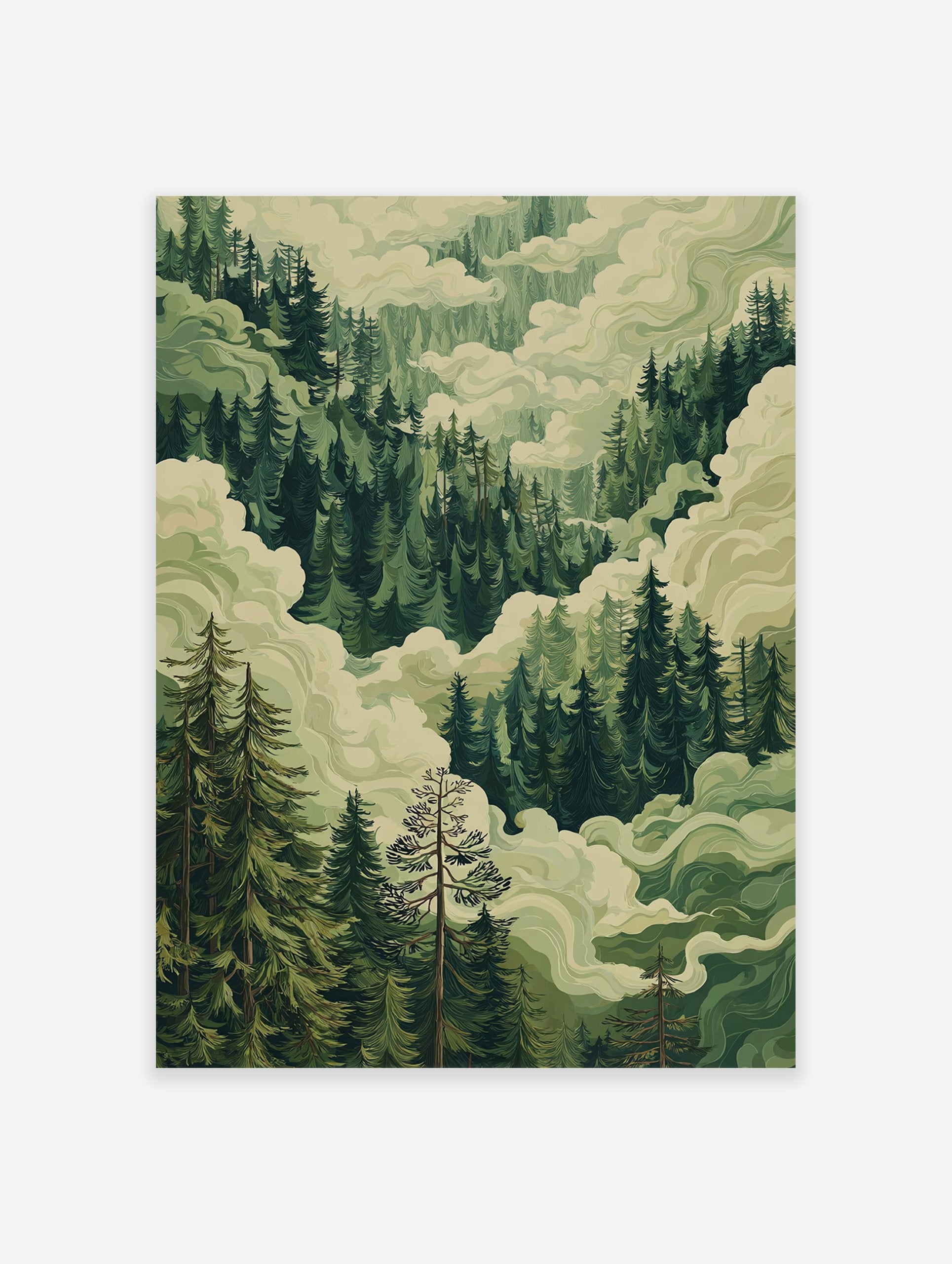 Illustrative forest valley poster showing dense green pine trees shrouded in flowing light green mist and clouds.