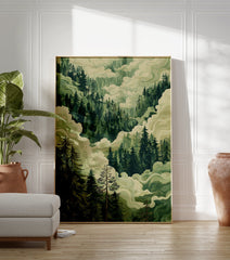 Illustrative forest valley poster showing dense green pine trees shrouded in flowing light green mist and clouds. - Image 3