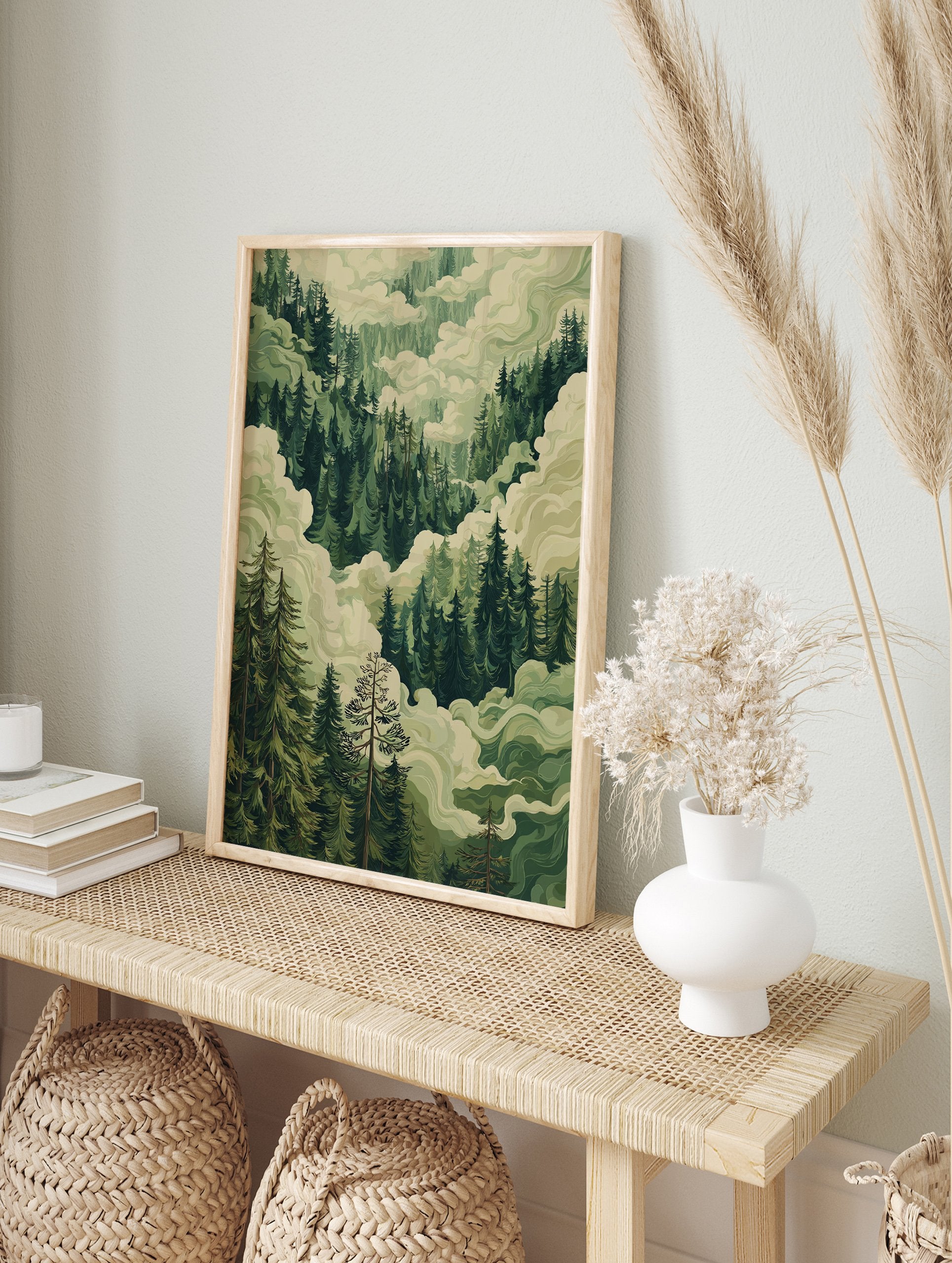 Illustrative forest valley poster showing dense green pine trees shrouded in flowing light green mist and clouds. - Image 4