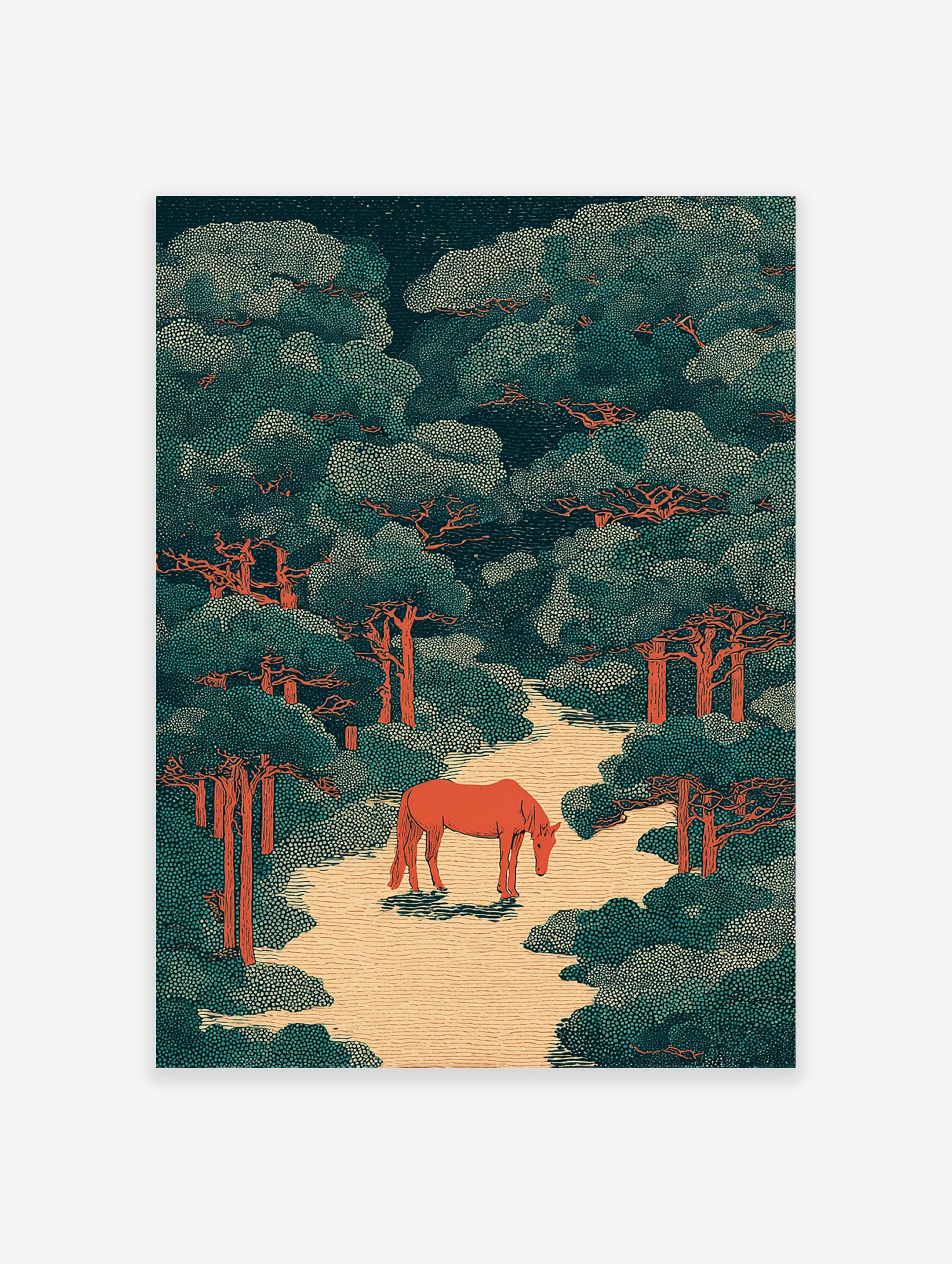 Stylized forest wall art print with a reddish-orange horse on a path, surrounded by teal green trees with orange trunks.