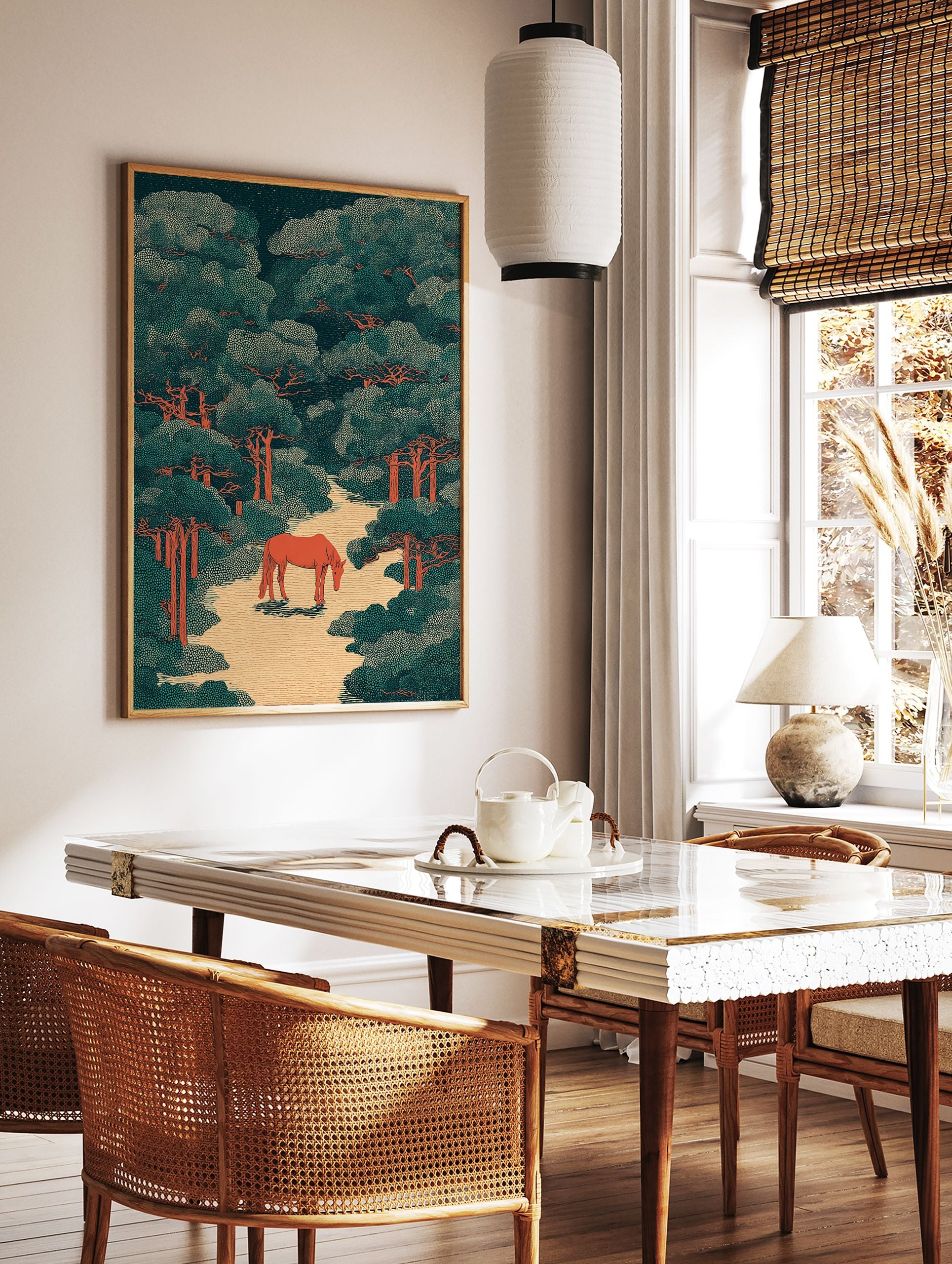 Stylized forest wall art print with a reddish-orange horse on a path, surrounded by teal green trees with orange trunks. - Image 2