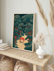 Stylized forest wall art print with a reddish-orange horse on a path, surrounded by teal green trees with orange trunks. - Image 3
