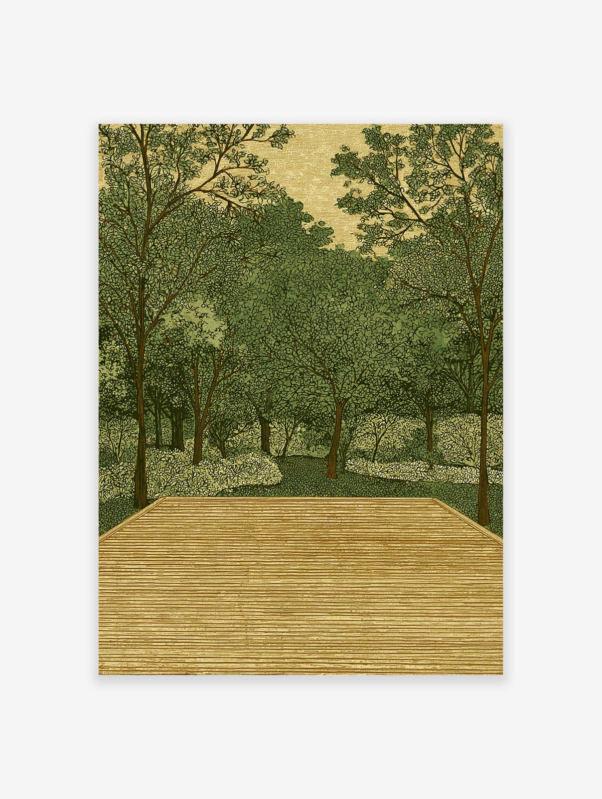 Illustrative forest wall art print with green trees, dense foliage, and a wooden deck in the foreground, on a textured background.