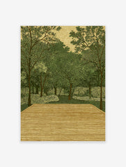Illustrative forest wall art print with green trees, dense foliage, and a wooden deck in the foreground, on a textured background.