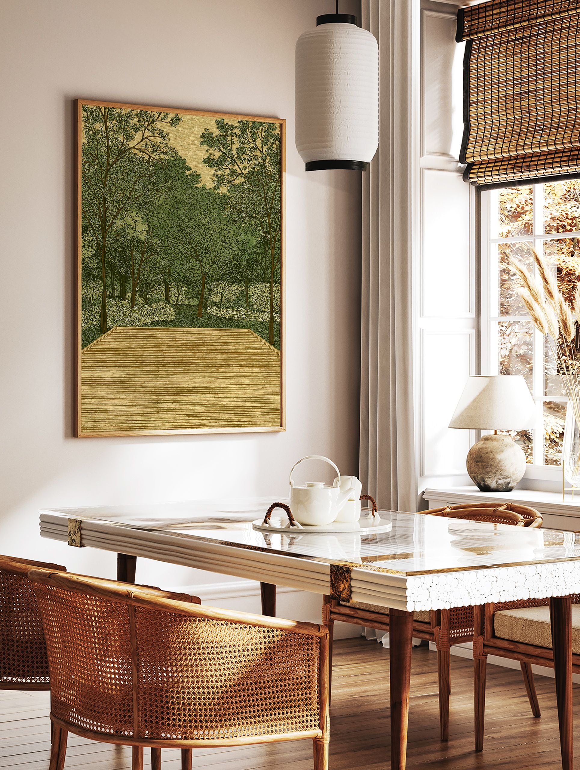 Illustrative forest wall art print with green trees, dense foliage, and a wooden deck in the foreground, on a textured background. - Image 2