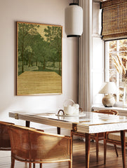 Illustrative forest wall art print with green trees, dense foliage, and a wooden deck in the foreground, on a textured background. - Image 2