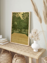 Illustrative forest wall art print with green trees, dense foliage, and a wooden deck in the foreground, on a textured background. - Image 3
