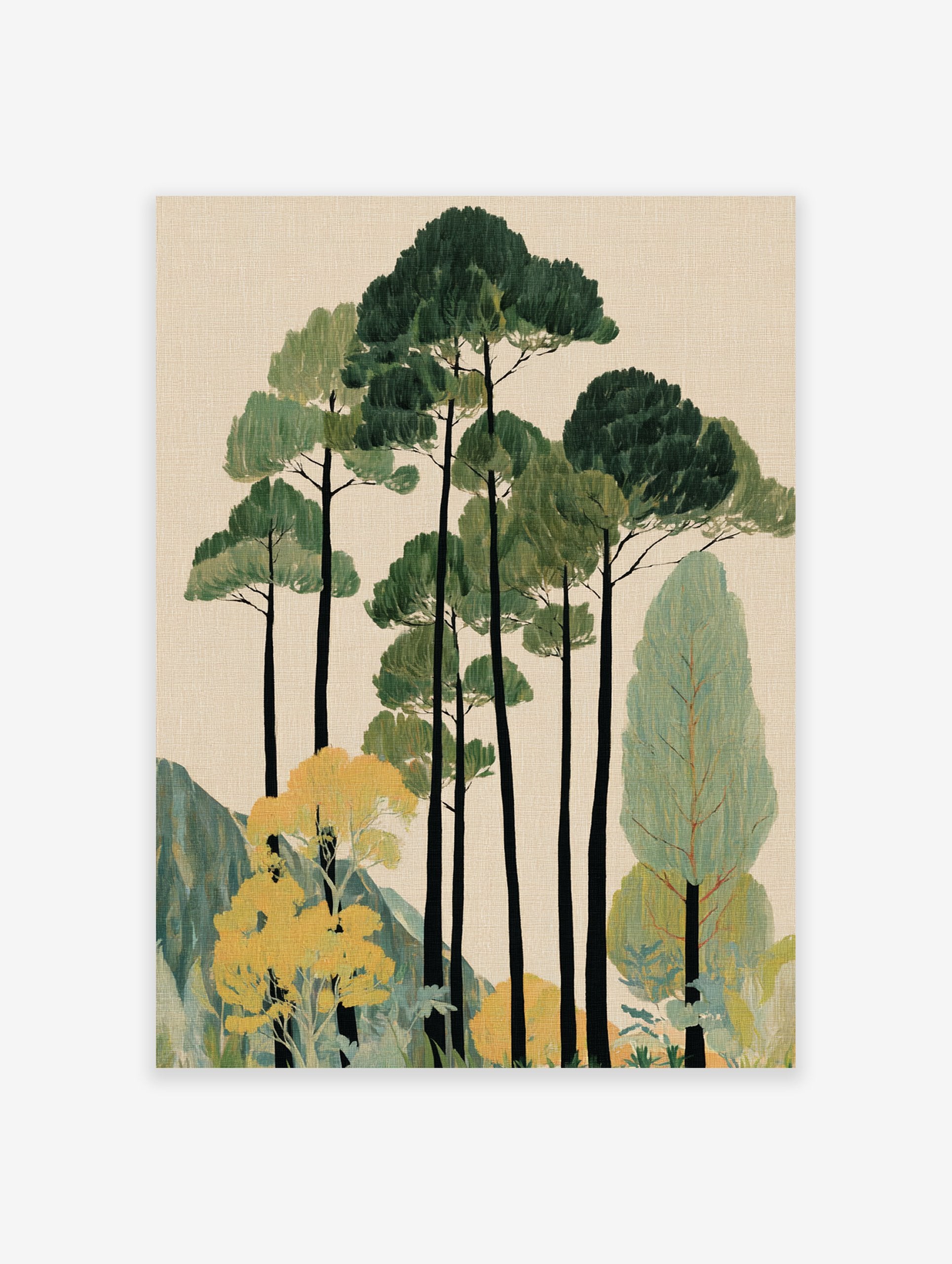 Illustrative forest wall art with tall green and yellow trees, mountains, and a beige background.