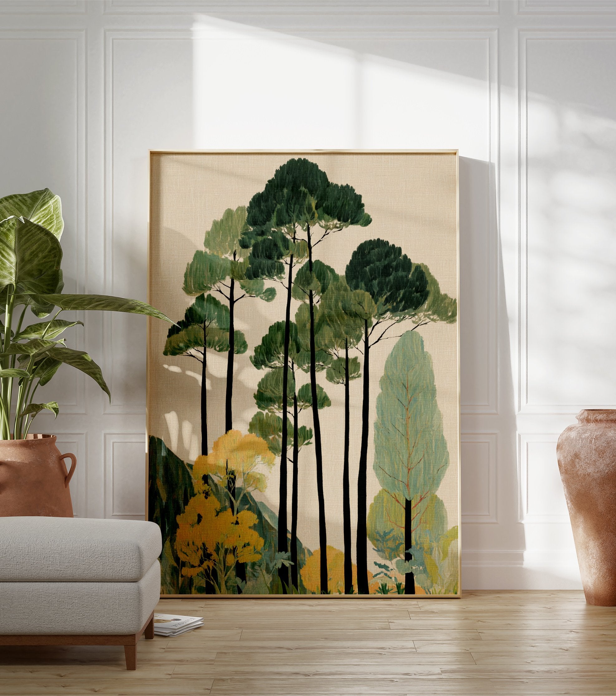 Illustrative forest wall art with tall green and yellow trees, mountains, and a beige background. - Image 3