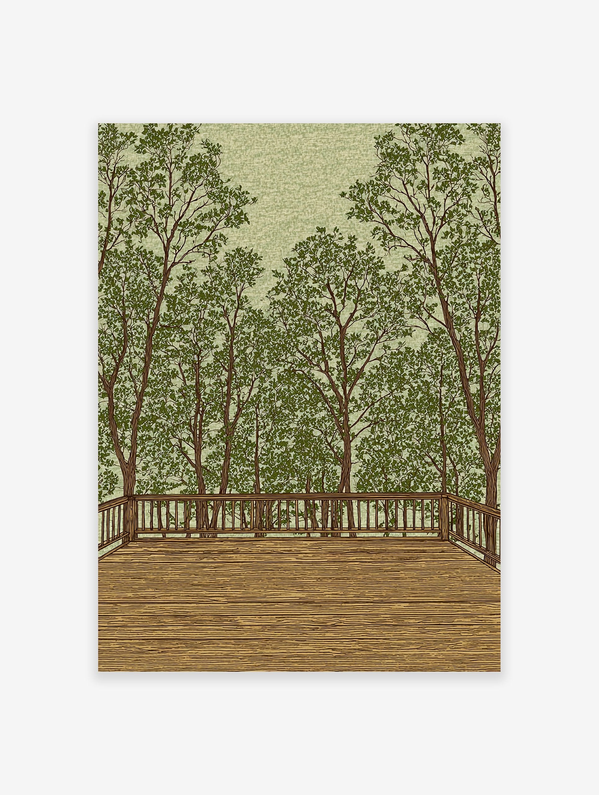 Illustrative forest wall art showing a wooden deck overlooking many green trees and foliage under a light green sky.