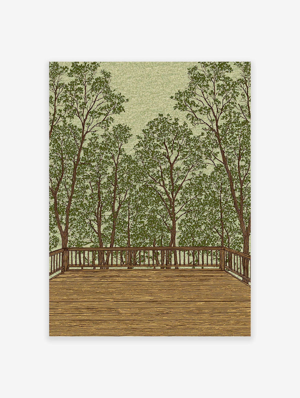 Illustrative forest wall art showing a wooden deck overlooking many green trees and foliage under a light green sky.