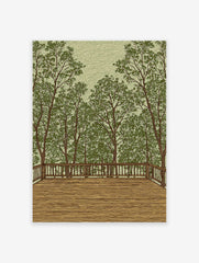 Illustrative forest wall art showing a wooden deck overlooking many green trees and foliage under a light green sky.