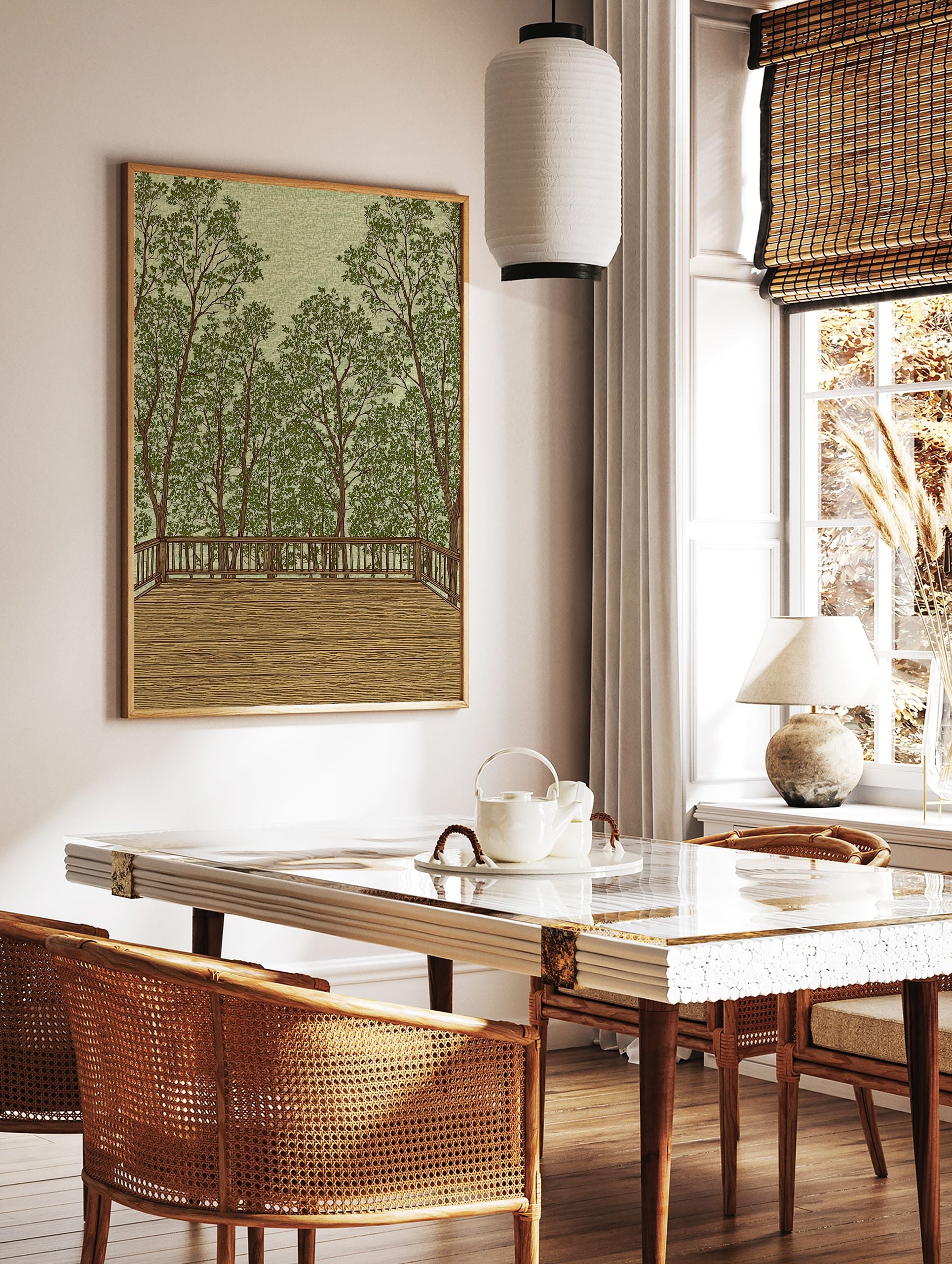 Illustrative forest wall art showing a wooden deck overlooking many green trees and foliage under a light green sky. - Image 2