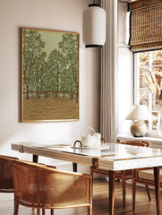 Illustrative forest wall art showing a wooden deck overlooking many green trees and foliage under a light green sky. - Image 2