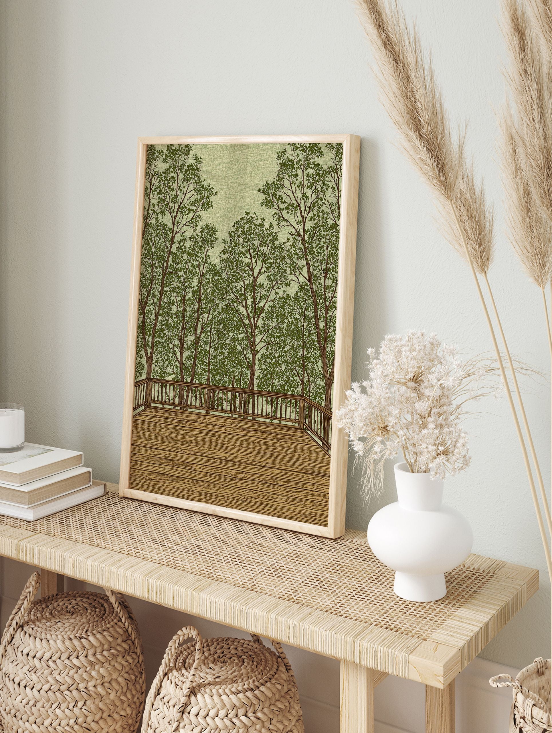 Illustrative forest wall art showing a wooden deck overlooking many green trees and foliage under a light green sky. - Image 3
