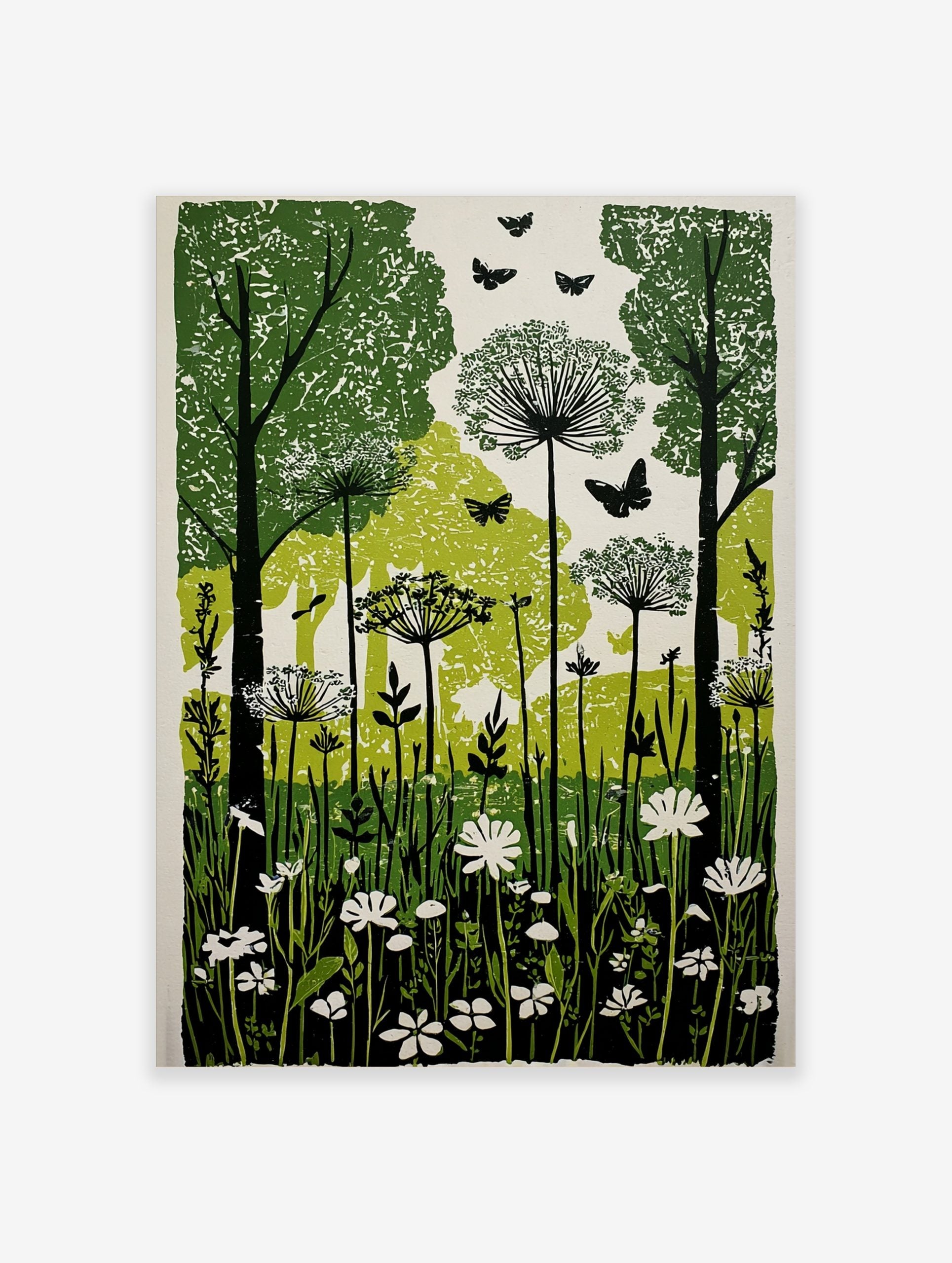 Green and black linocut style print of a forest with trees, tall wildflowers, and butterflies