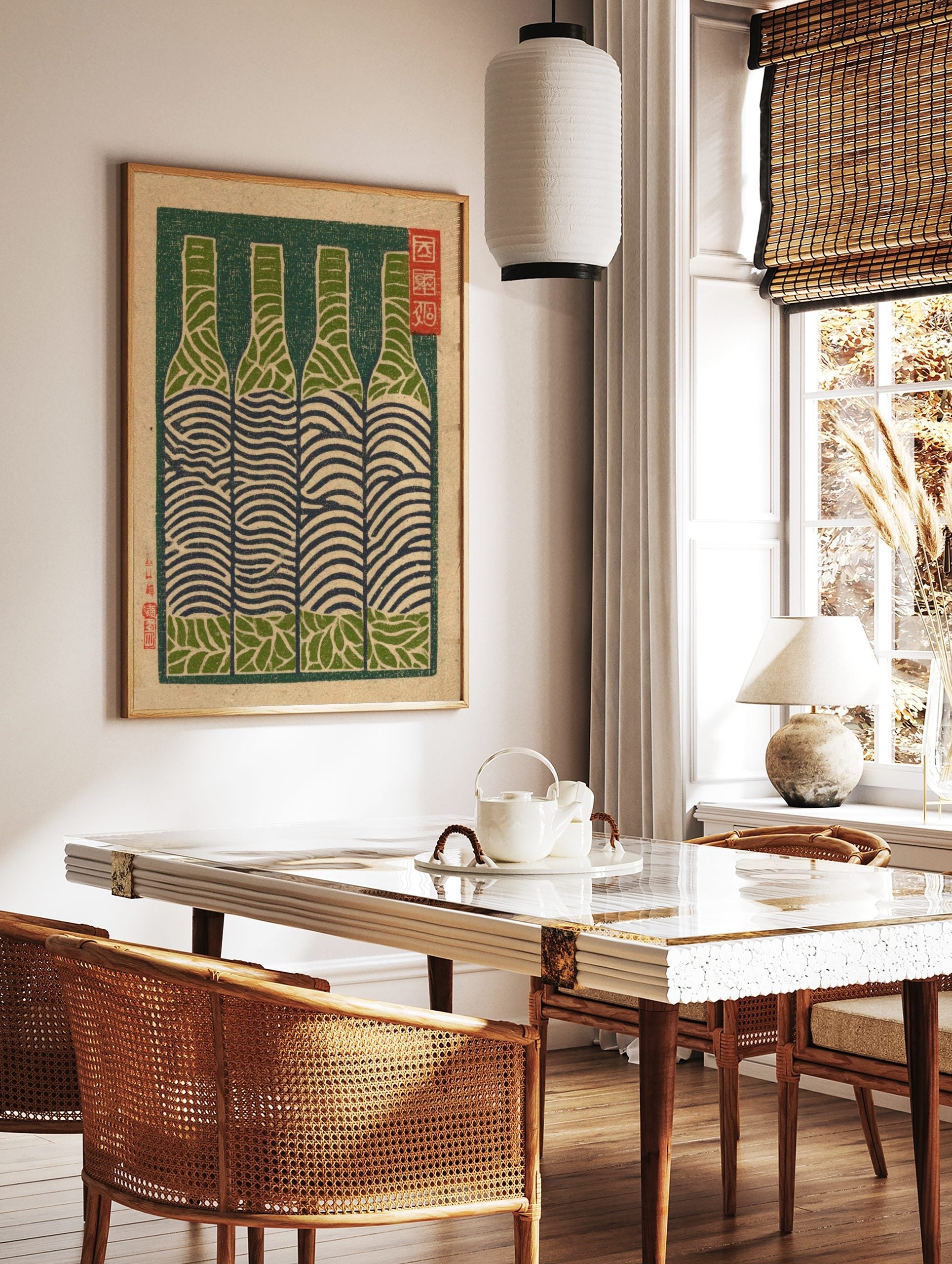 Woodblock print of four bottles with abstract green and navy wavy patterns, dark green background, in a styled room mockup
