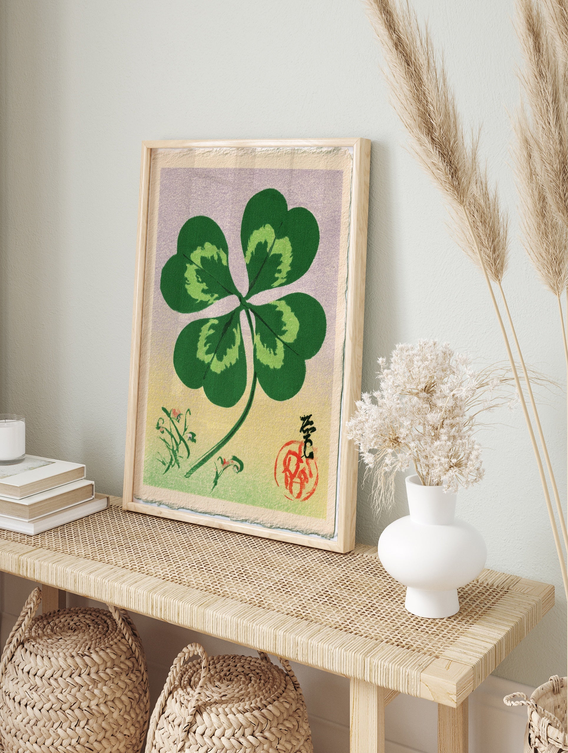 Four-leaf clover botanical illustration in Japanese style with calligraphy, red seal, and, in an alternate framed mockup