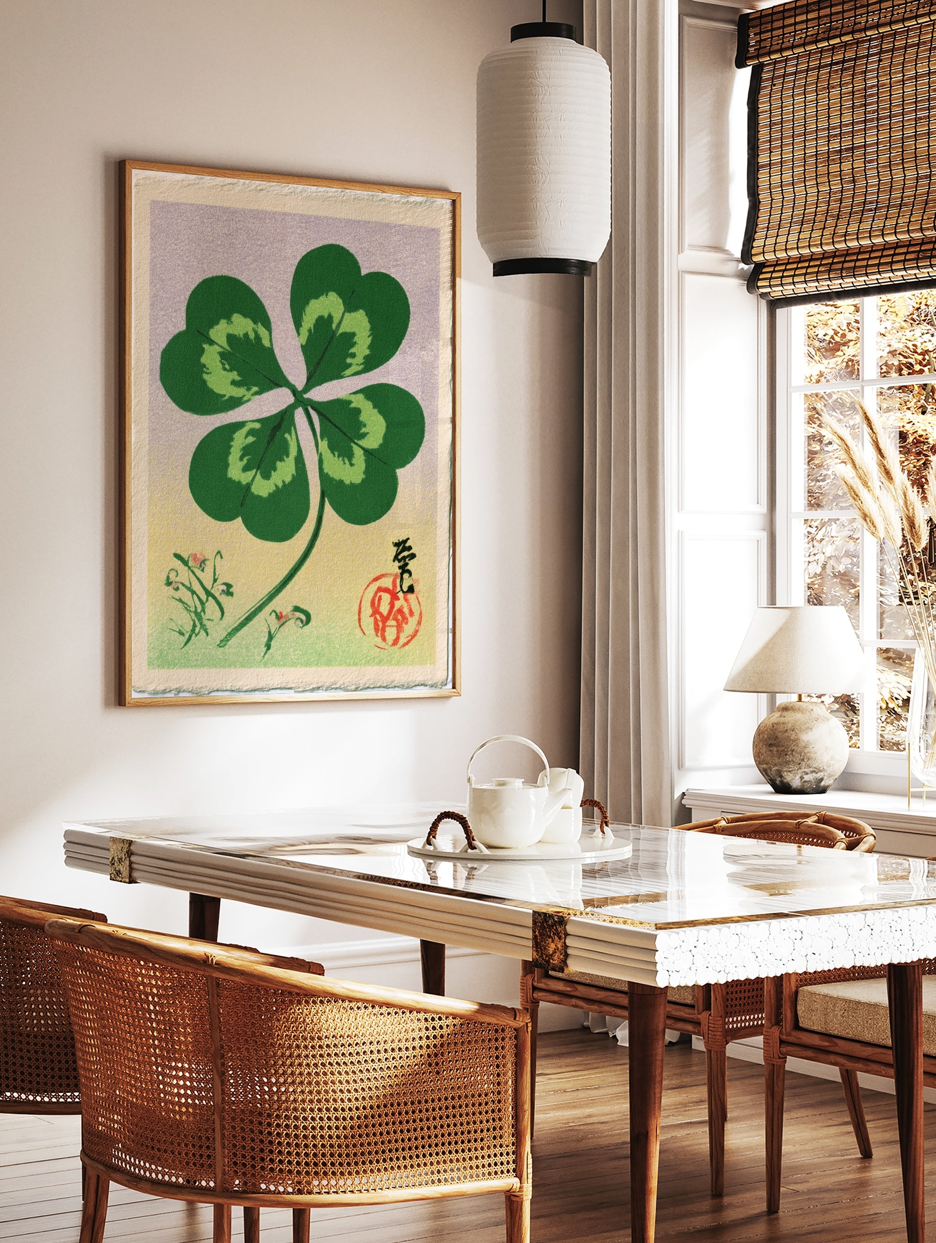 Four-leaf clover botanical illustration in Japanese style with calligraphy, red seal, and floral, in a styled room mockup