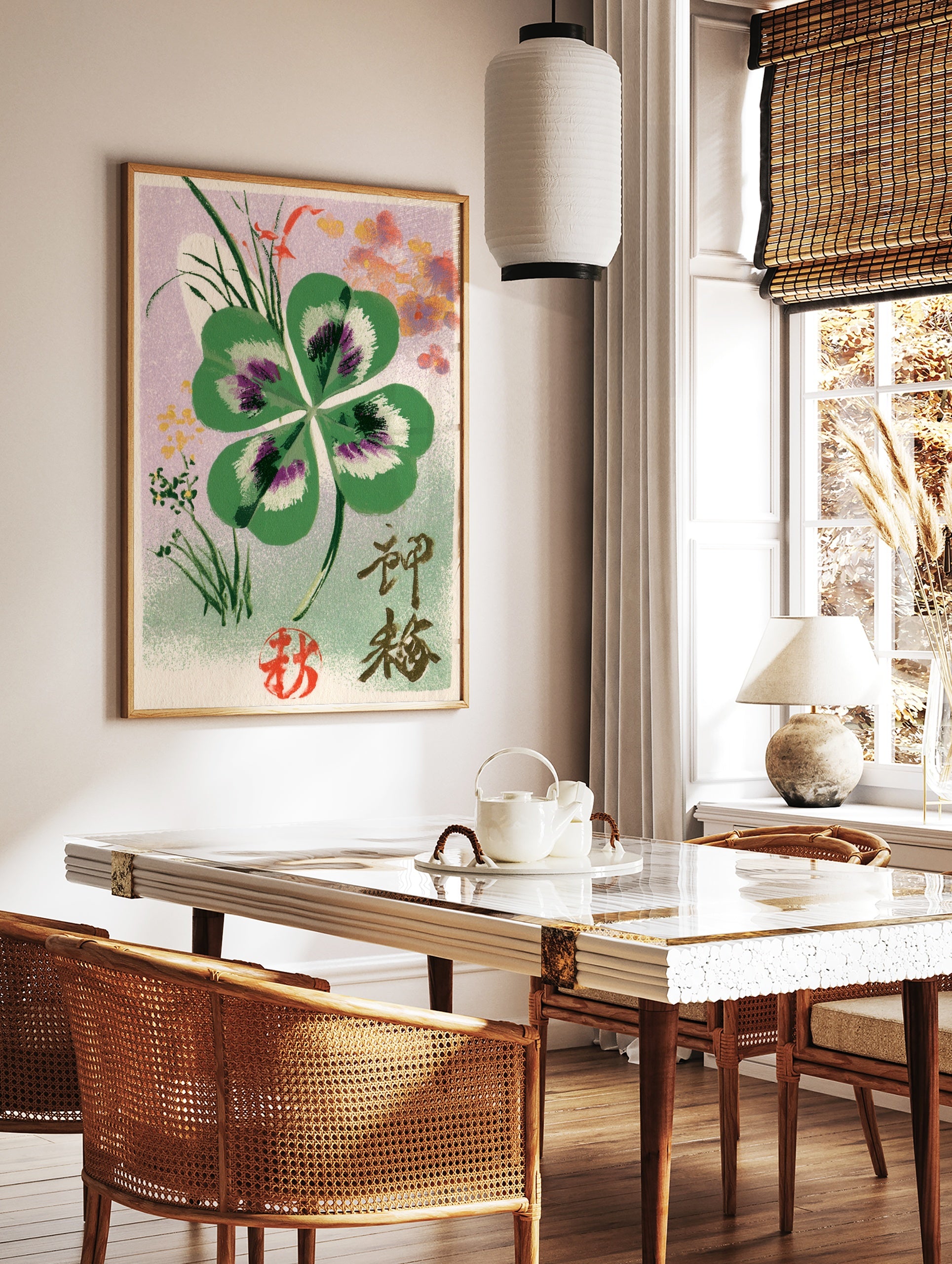 Four-leaf clover botanical illustration with Japanese kanji and red seal on a lilac background, in a styled room mockup
