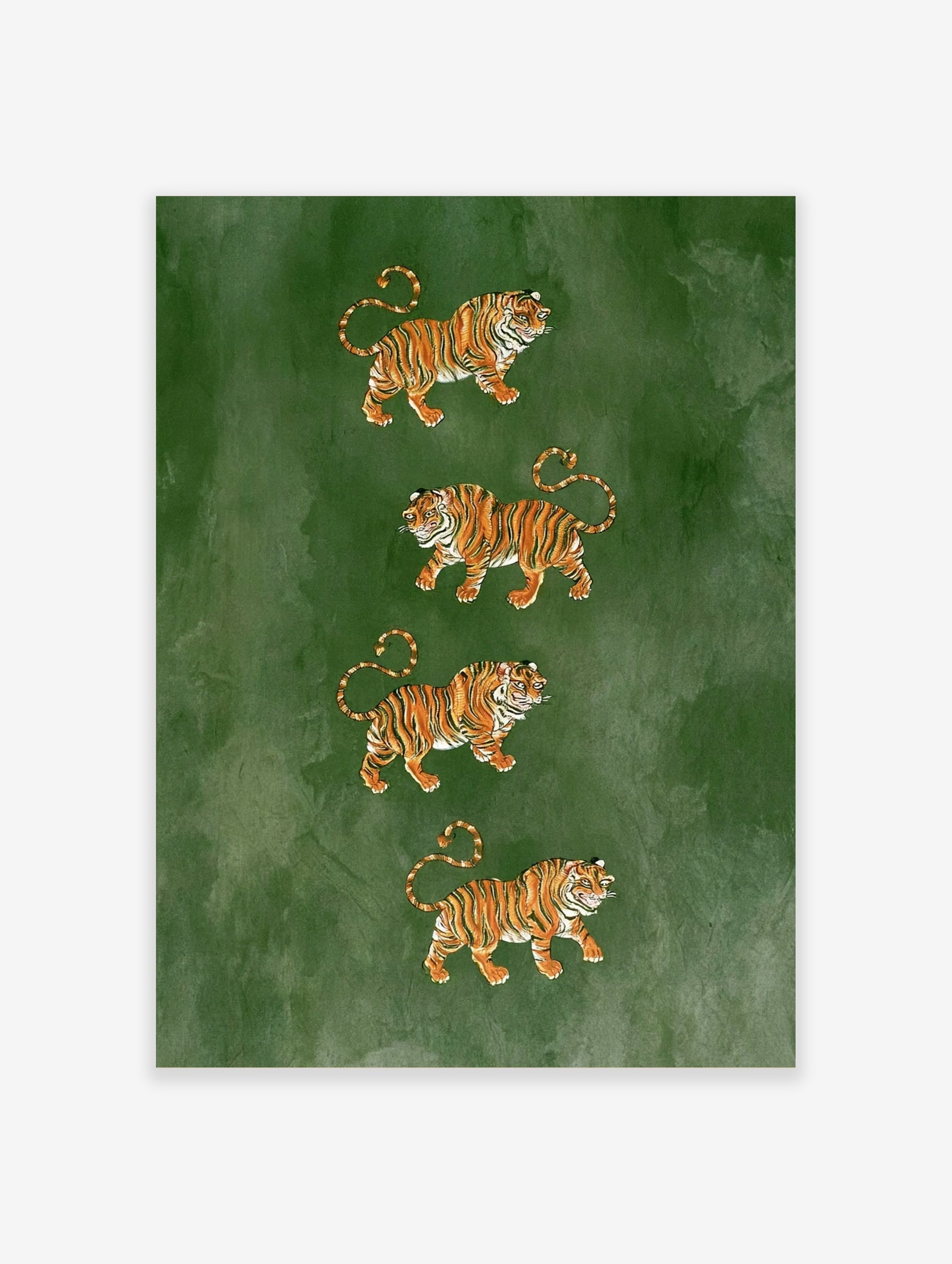 Four tigers illustration stacked vertically on a deep green background, animal art print