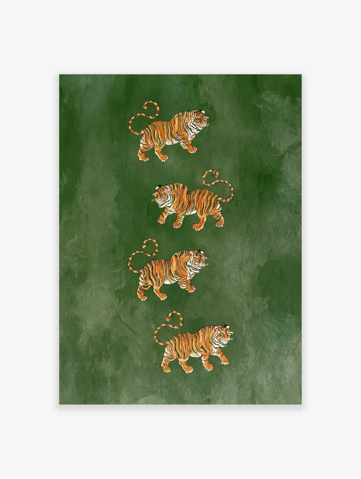Four tigers illustration stacked vertically on a deep green background, animal art print