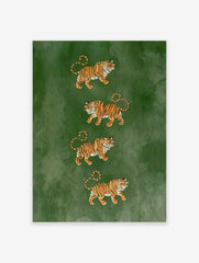 Four tigers illustration stacked vertically on a deep green background, animal art print