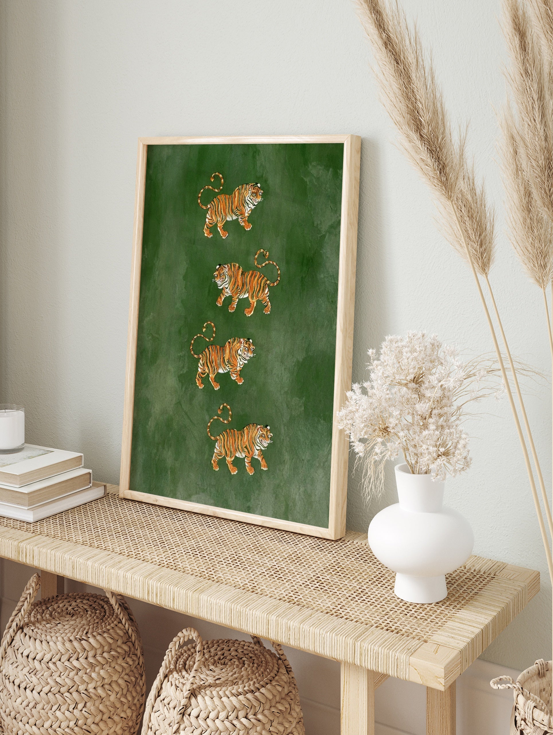 Four tigers illustration stacked vertically on a deep green background, animal art print, in an alternate framed mockup