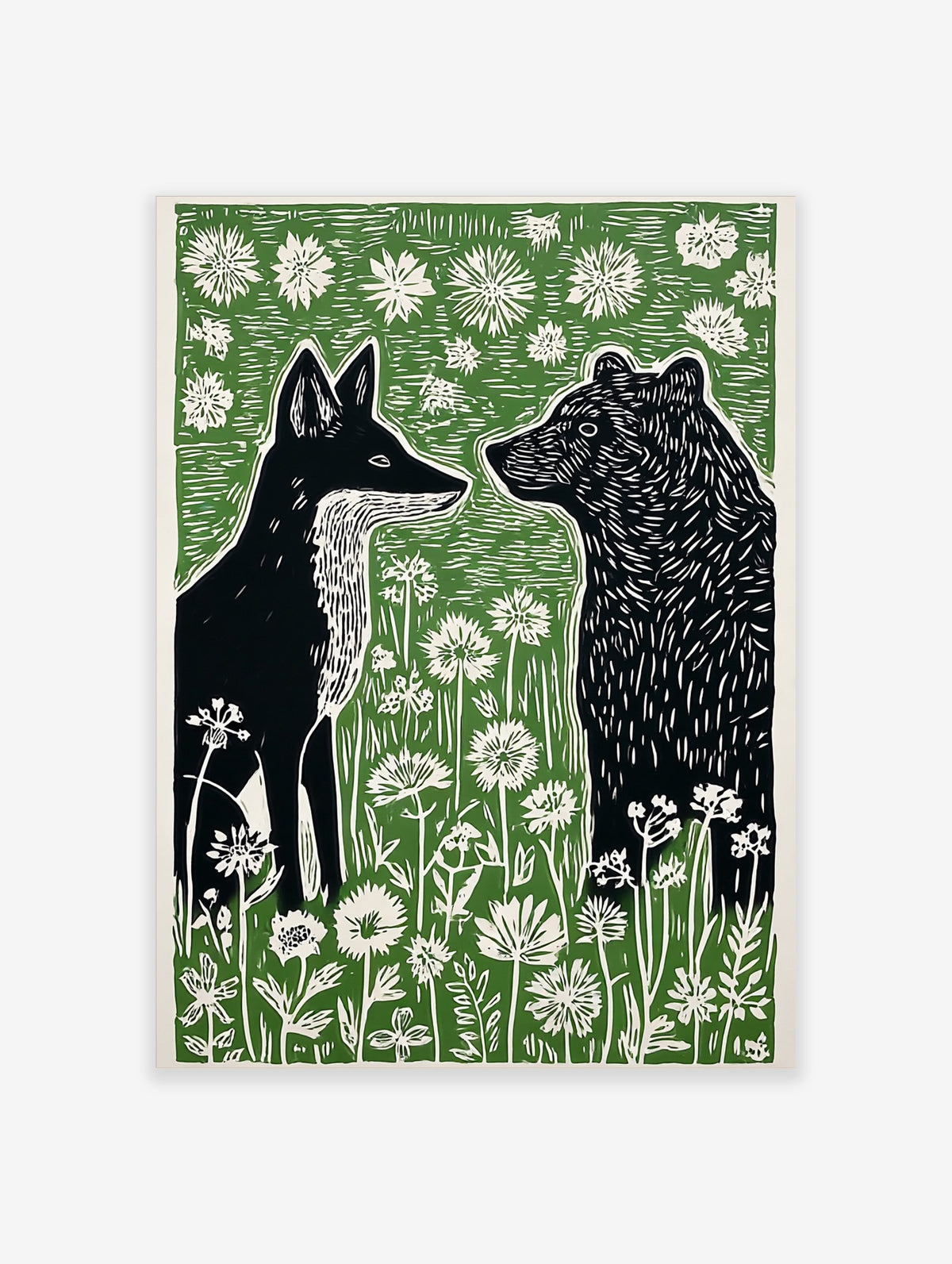 Black fox and bear in profile, surrounded by white wildflowers and green foliage, in a linocut art print