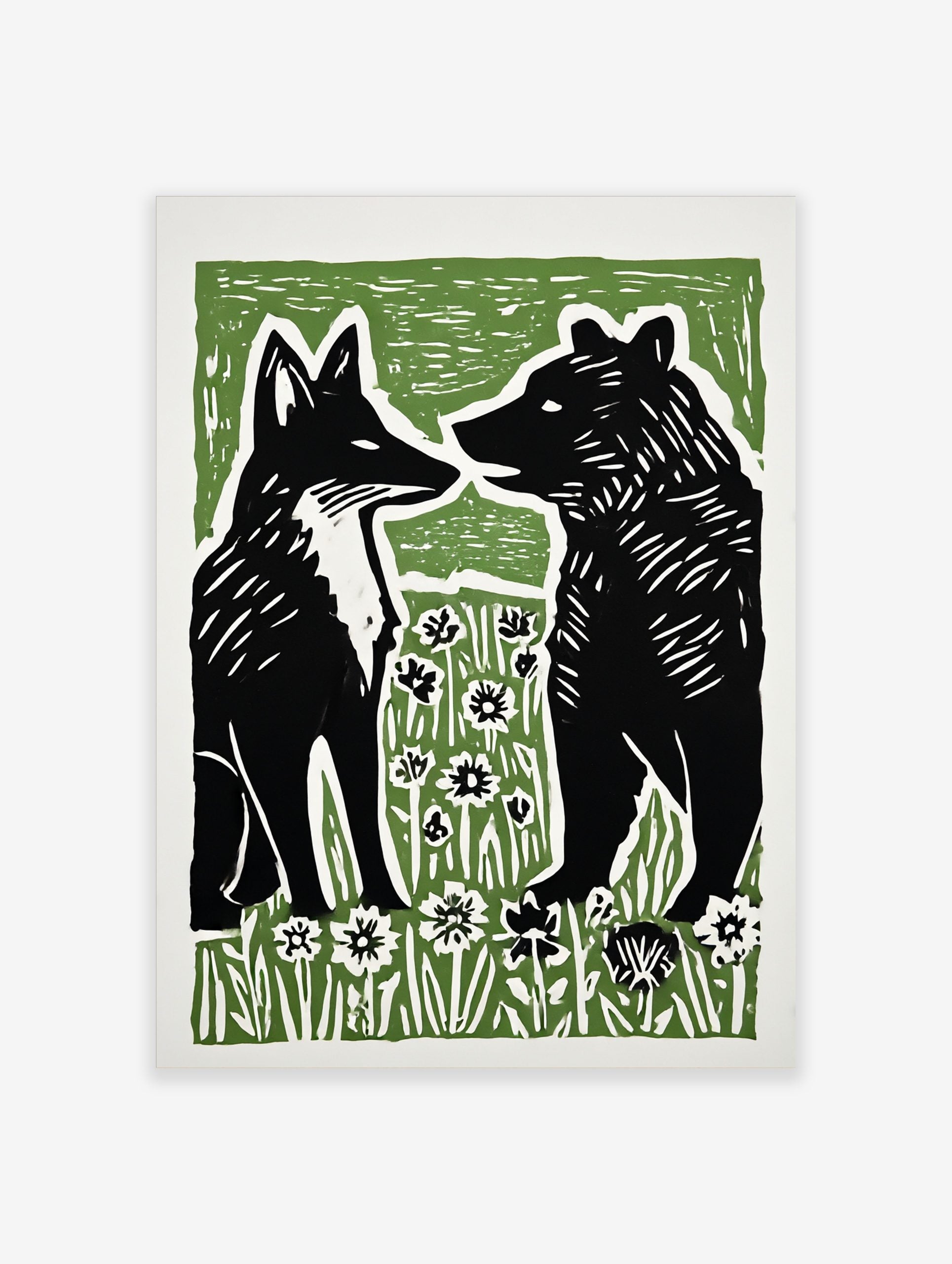 Stylised black fox and bear illustration facing each other in green and white flower field art print