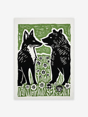 Stylised black fox and bear illustration facing each other in green and white flower field art print