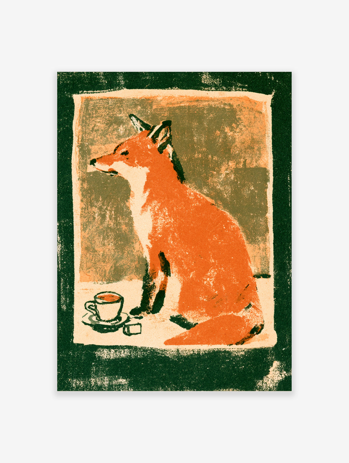 Orange fox sitting beside a coffee cup and sugar cube on a textured green and cream background